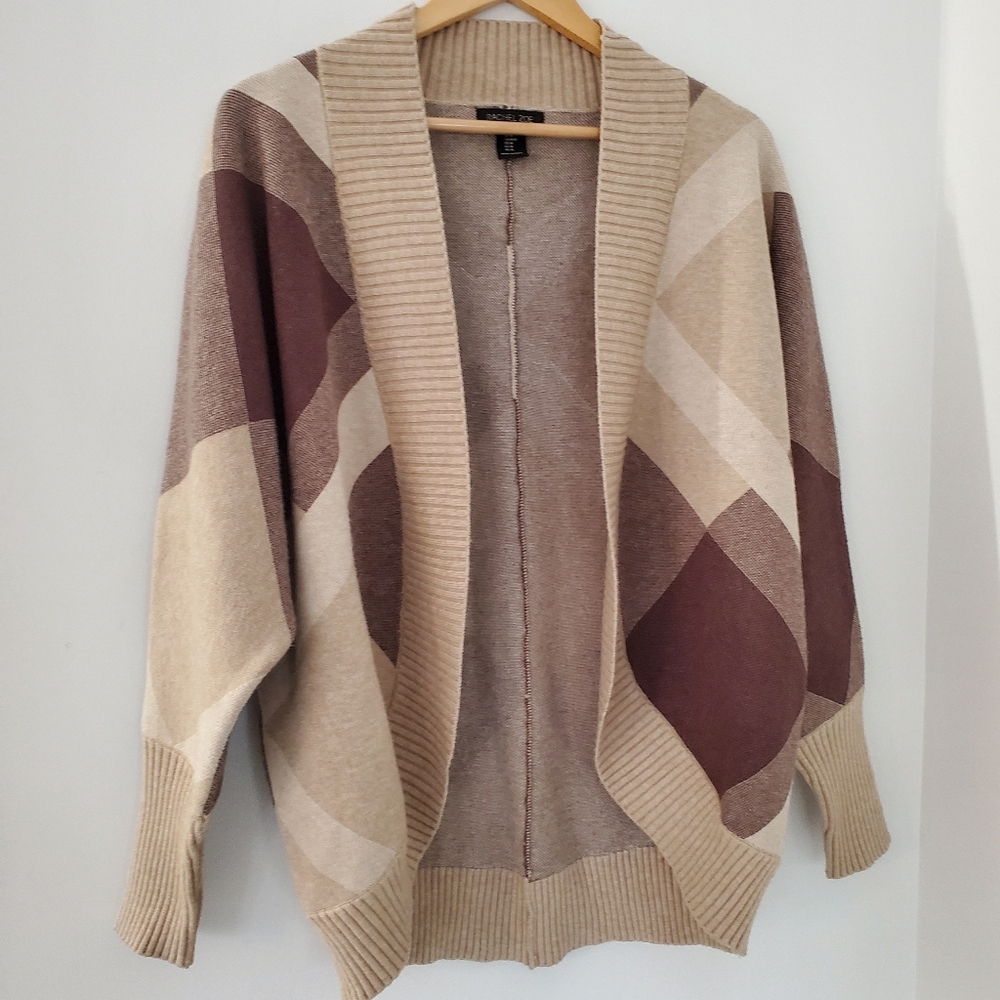 RACHEL ZOE Sz M Tan Brown Plaid Open Cardigan Sweater Chunky Relax Fit Preppy